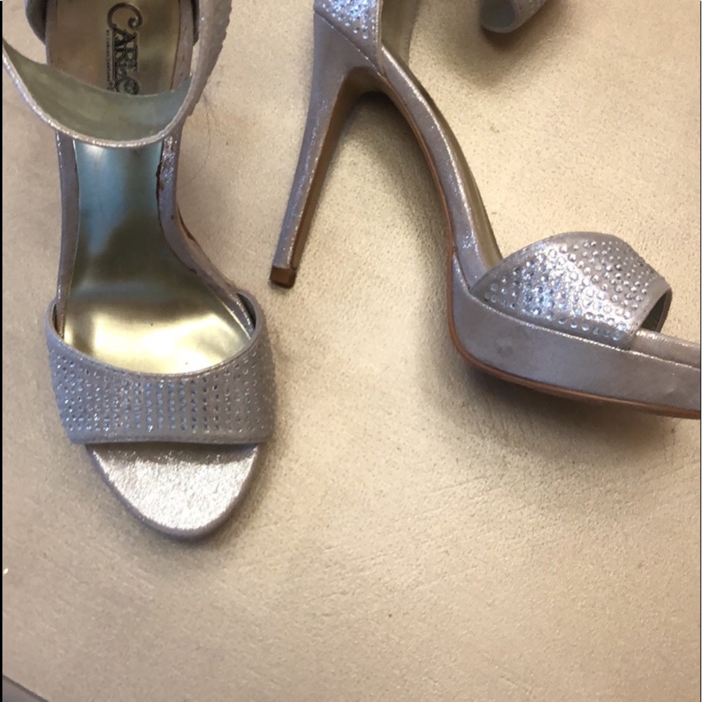 Silver w rhinestones, 4 1/2 in high heels